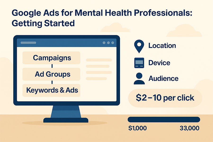 google ads dashboard with campaign structure and budget tiers for mental health ppc strategy visualization
