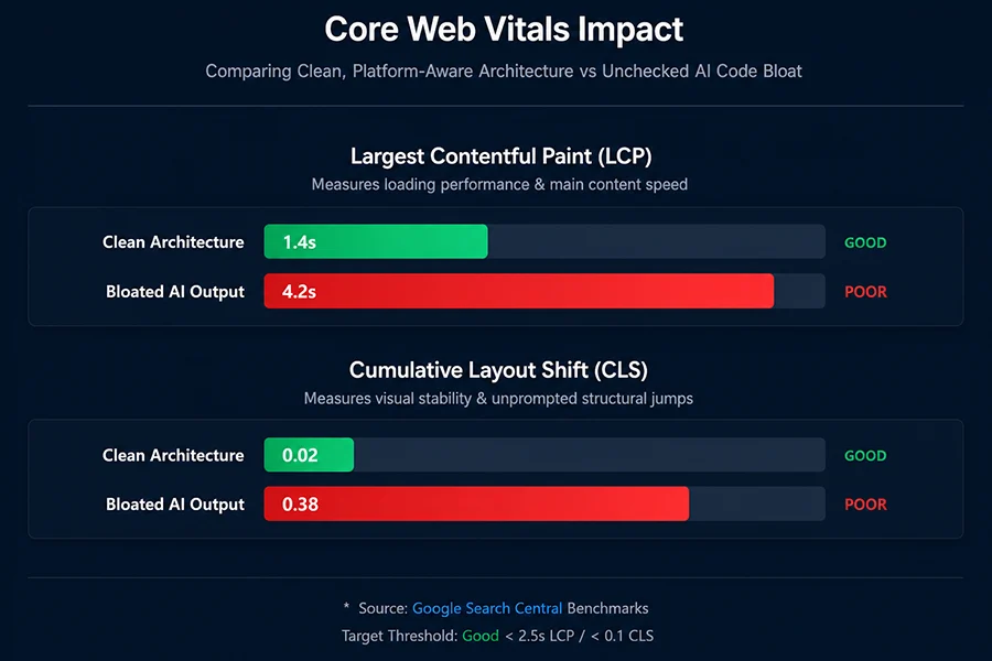 Infographic Displaying Core Web Vitals Speed Performance Drop Between Optimized Code And Bloated Ai Generated Website Code. infographic displaying core web vitals speed performance drop between optimized code and bloated ai generated website code.