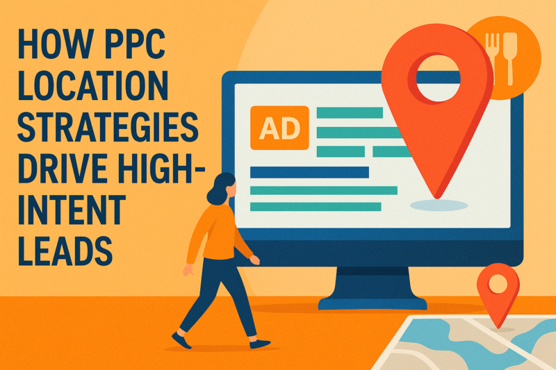 Illustration of a person viewing a PPC ad on a large screen with map markers, highlighting how PPC location strategies target high-intent leads