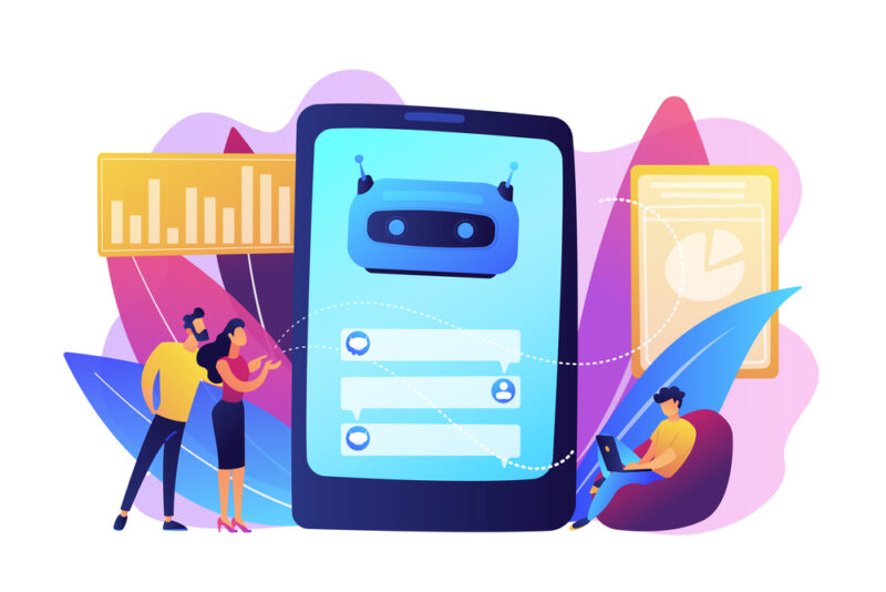 AI chatbot solutions interface on a smartphone screen with users and data charts