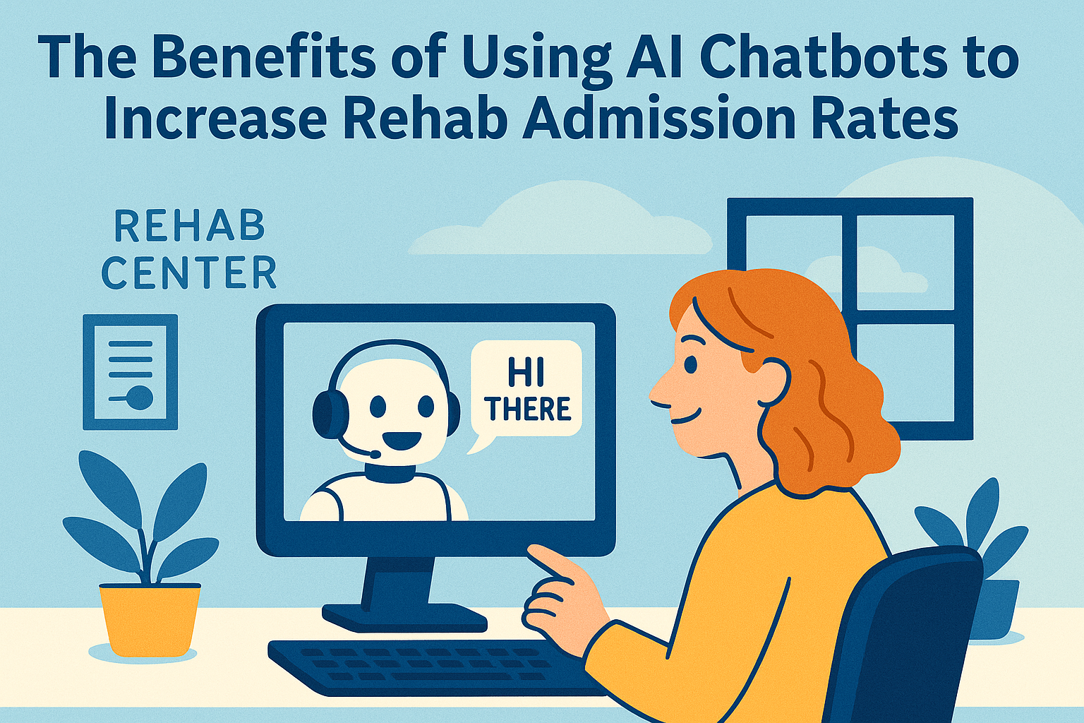 Illustration of a woman interacting with an artificial intelligence chat on a computer screen, exploring rehab admission options in a digital marketing setting