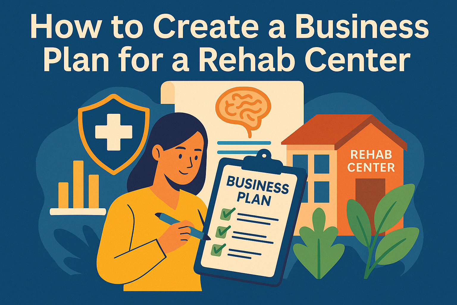 Illustration of a consultant reviewing a clipboard labeled “Business Plan” in front of a rehab center, symbolizing a consulting business plan for a rehab center