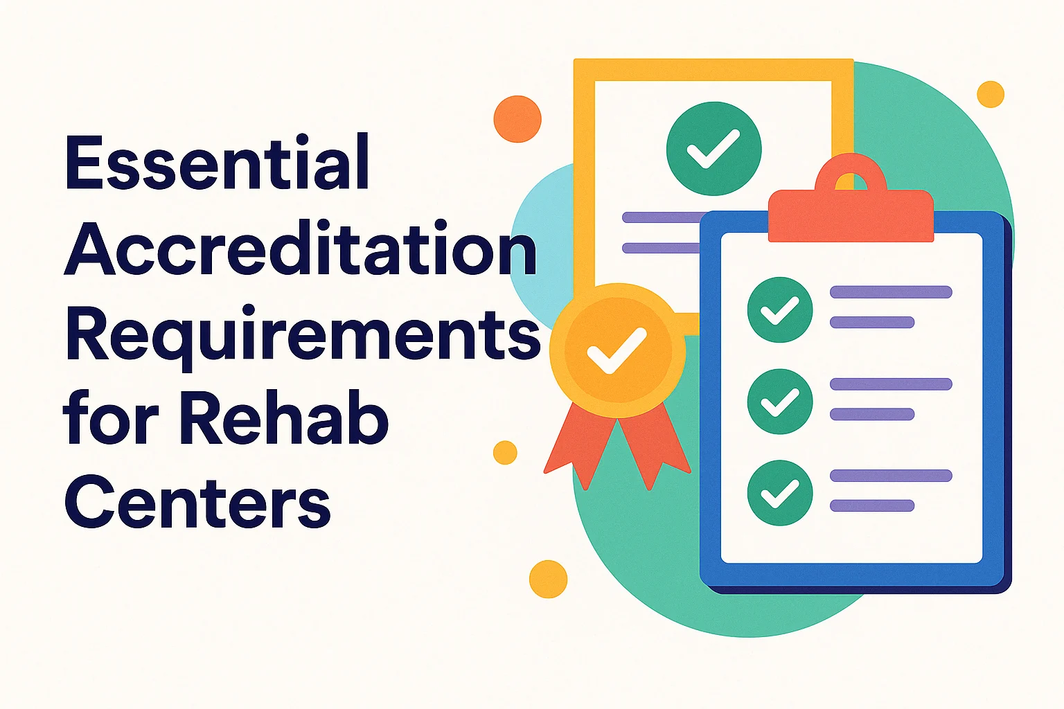 Essential Accreditation Requirements For Rehab Centers 5 infographic with checklist and certificate icons for a drug rehab accreditation consultant
