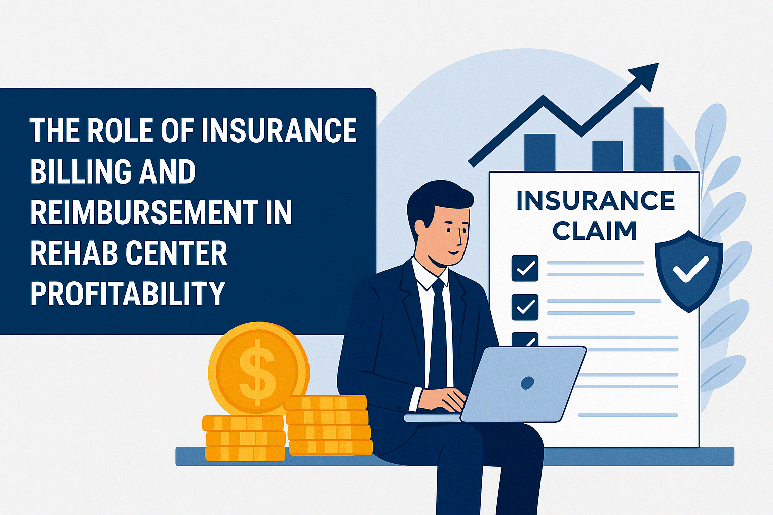 Illustration of rehab insurance billing with a professional, claim form, and financial icons