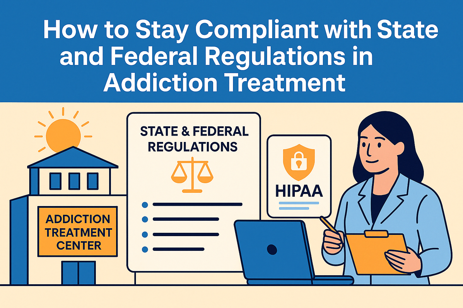Illustration representing a drug rehab center regulatory compliance consultant reviewing HIPAA and state guidelines
