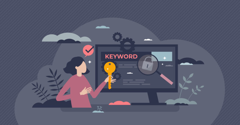 An illustration of a person conducting keyword research for PPC campaigns, with relevant keywords and tools visible.