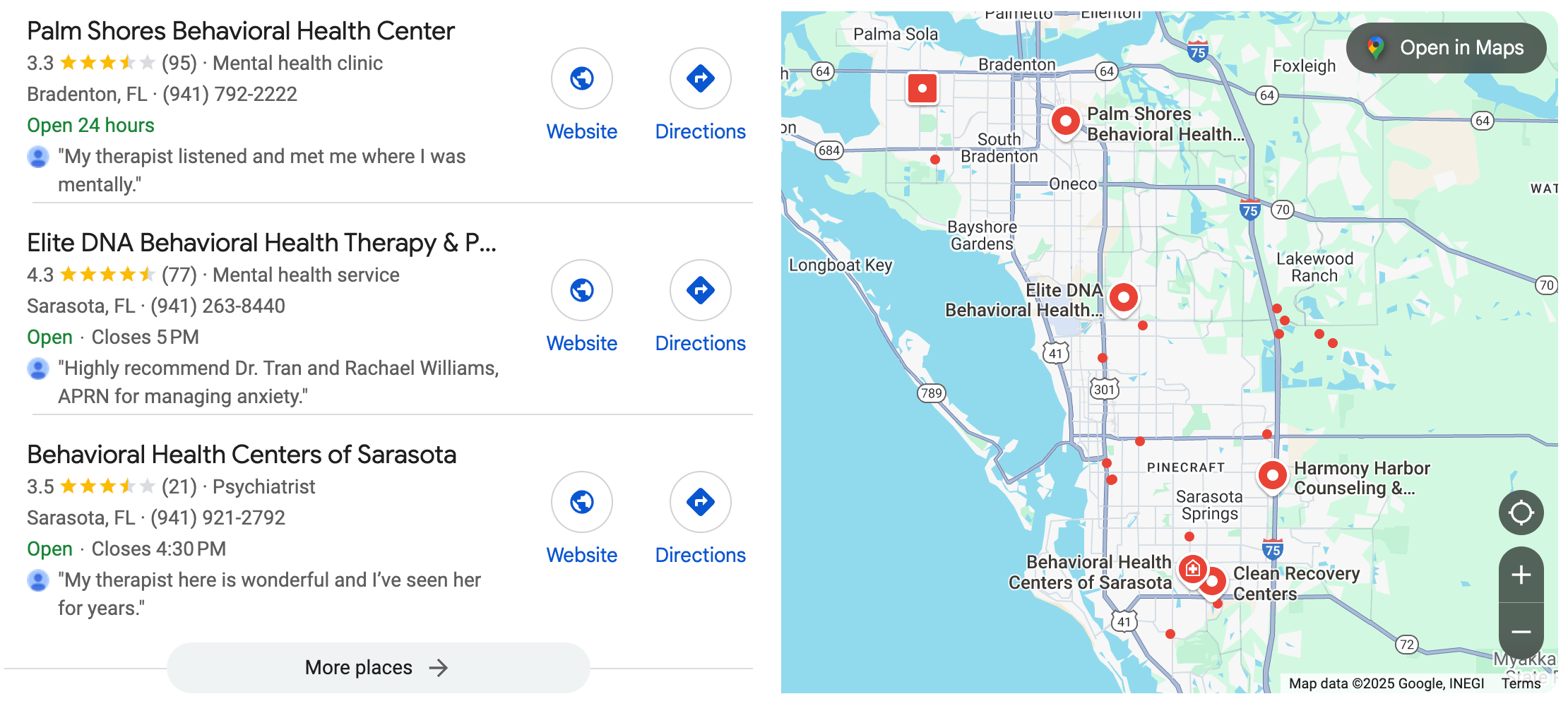 image of our local drug rehab seo listings we manage in google maps