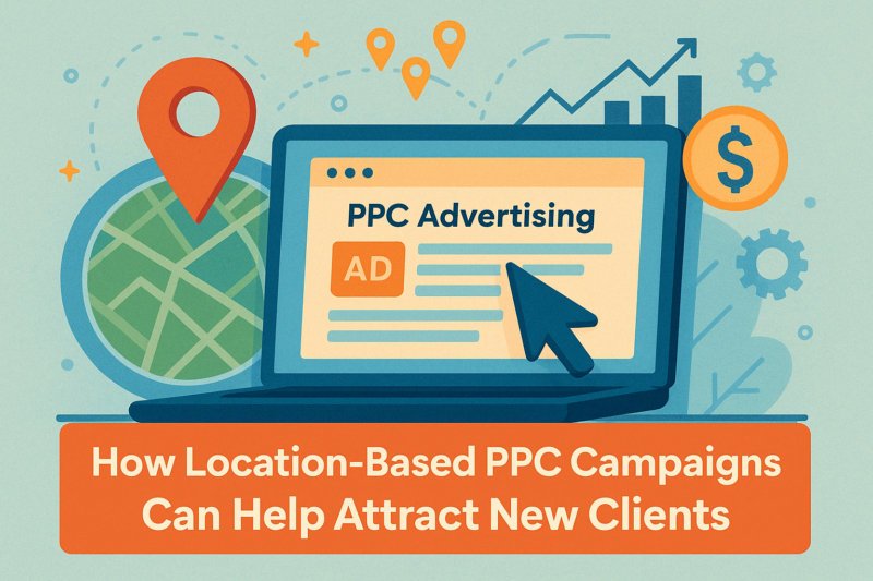 Illustration showing how location-based PPC campaigns use ads, map pins, and targeting to attract new clients