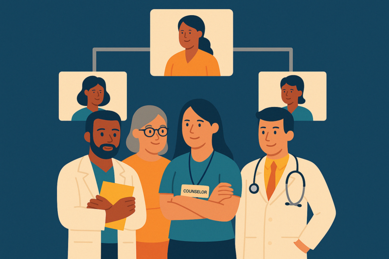 Illustration of a diverse team of healthcare professionals, representing support from a rehab center business plan consultant